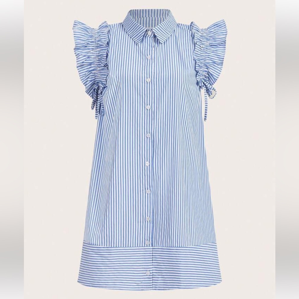 Blue and White Ruffled Mini Dress with Flutter Sleeves